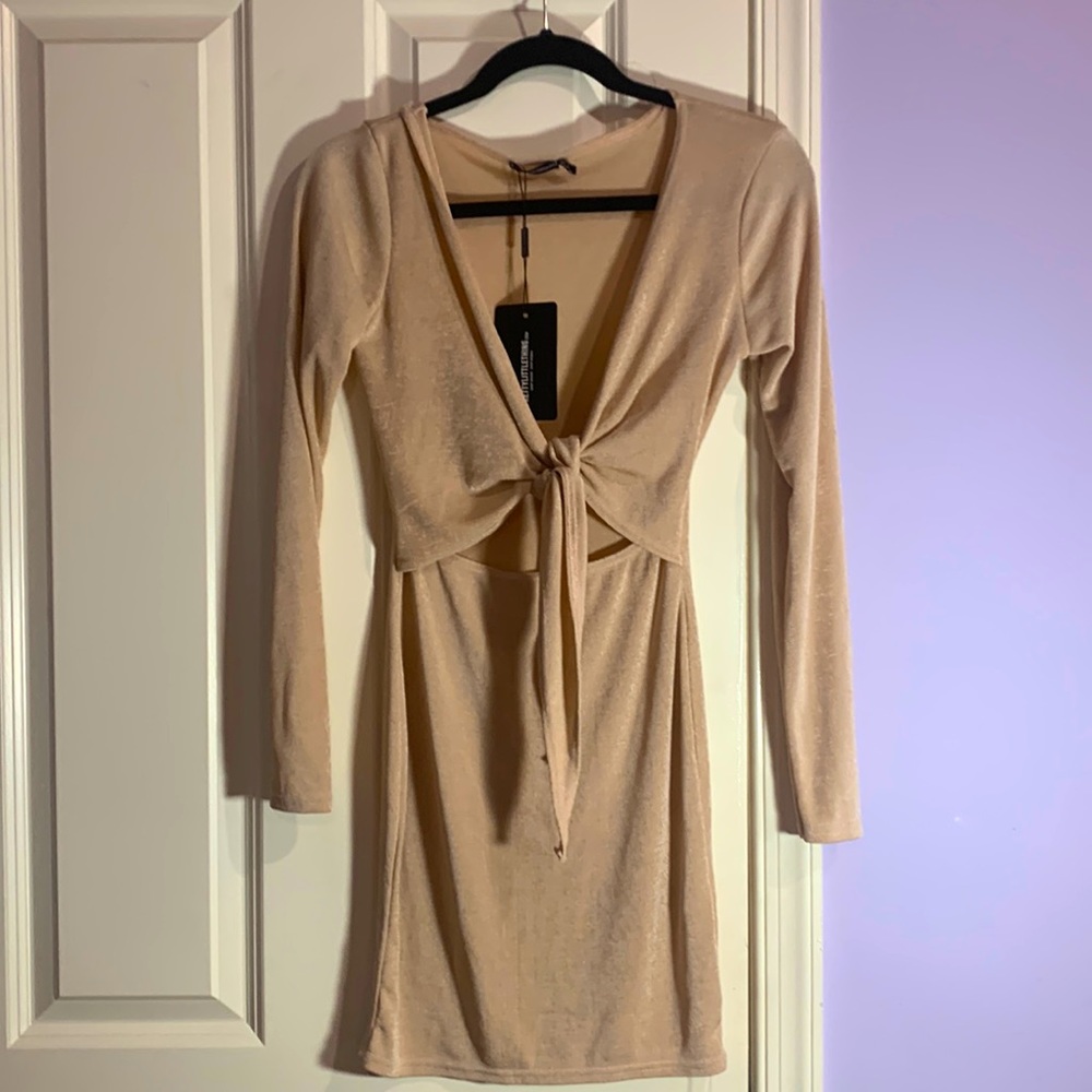 Pretty Little Thing champagne-colored mini dress.
